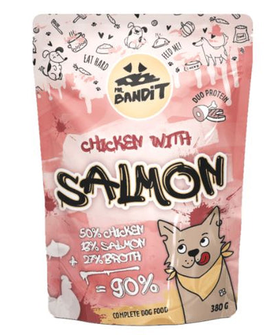 Ushqim i lëngëshëm për qen, Mr. Bandit, pulë & salmon, 180 gr.