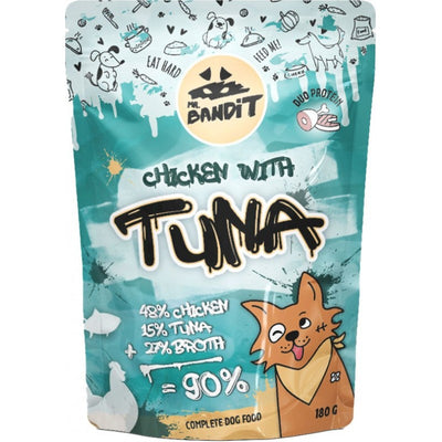 Ushqim i lëngëshëm për qen, Mr. Bandit, pulë & tuna, 180 gr.